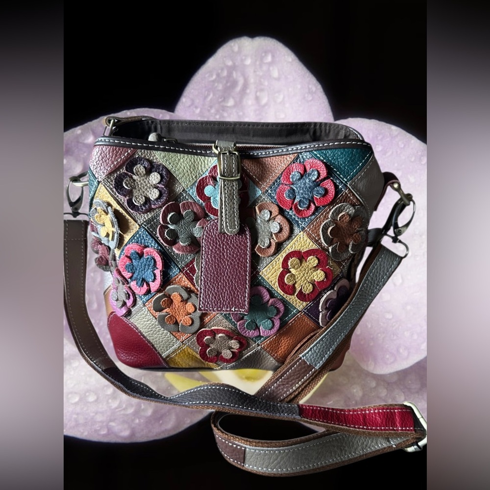 HESHE Multicolor Leather Patchwork Bag Featuring 3D floral appliqués